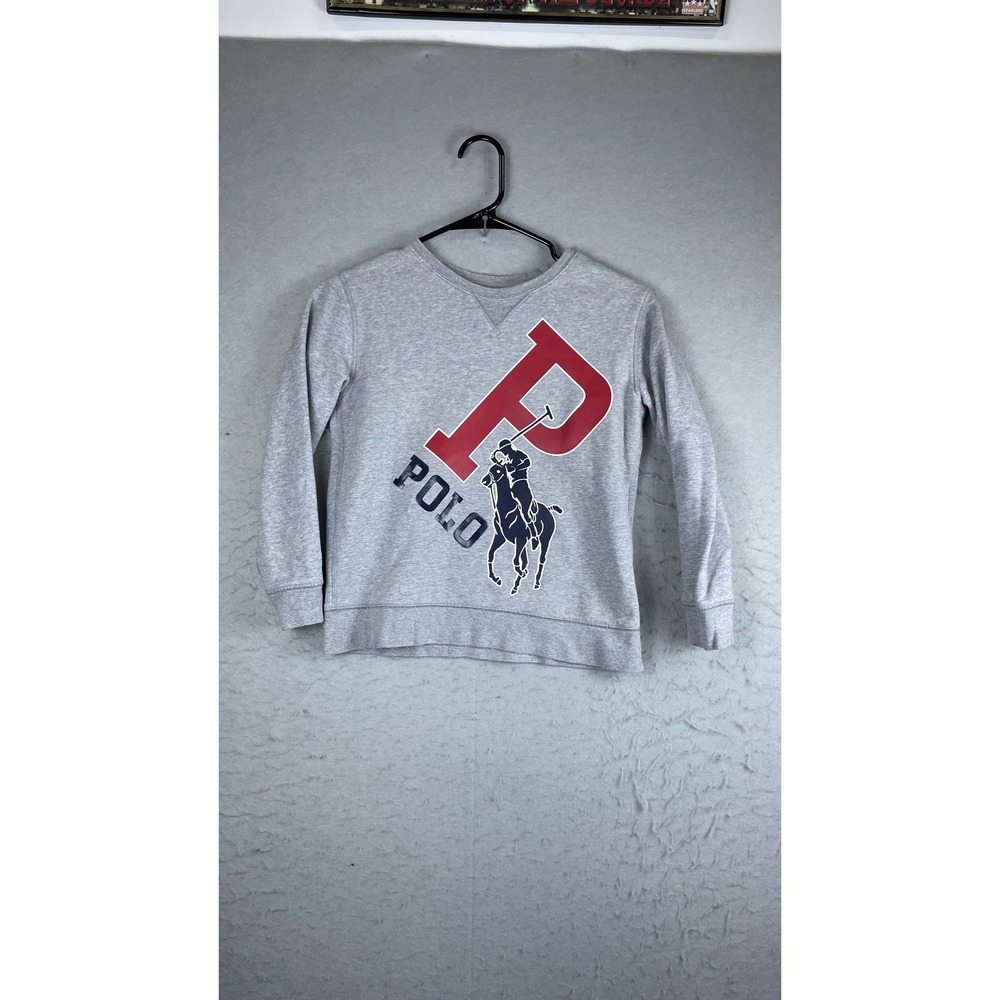 Polo‎ Ralph Lauren Sweatshirt Boys 8 Gray P Big Pony Graphic Fleece Pullover